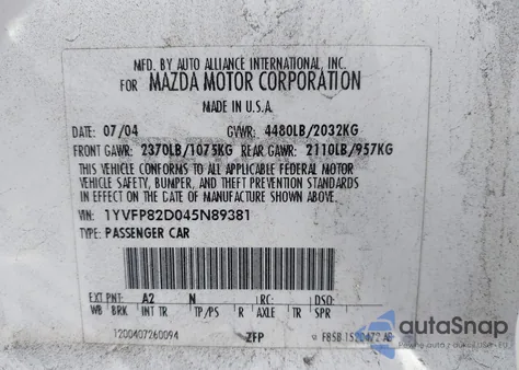 2004 Mazda Mazda6 S z USA, uszkodzony, nr VIN 1YVFP82D045N89381